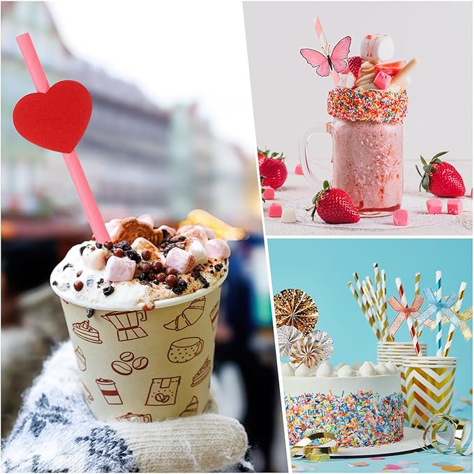 uxcell 40Pcs Butterfly Stripe Paper Straws, Drinking Straws Cake Decorations for Wedding Birthday Party Supplies, Pink