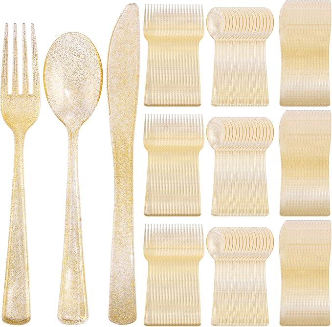 Supernal 300pcs Gold Glitter Plastic Silverware Set-Heavy Duty Disposable Gold Cutlery for Weddings, Parties Include 100 Forks, 100 Spoons & 100 Knives-Glitter Plastic Utensils for 100 Guests
