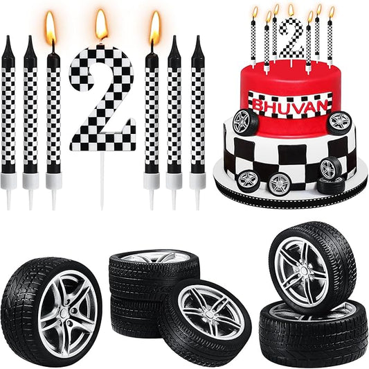 13 Pcs Racing Cars Themed Birthday Candles, Black and White Checkered Birthday Cake Candles, Numeral 2Candle Wheel Tire for Racing Car Party Decoration Theme Party Supplies