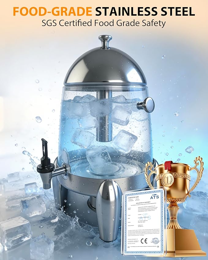 Beverage Dispenser with Stand, 3 Gallon Drink Dispenser for Parties,Events,Buffet &Self-Serve,Dual Ice Tube Core Fruit Infuser,Leakproof Spigot,Clear PC Container, Stainless Steel Lid&Base