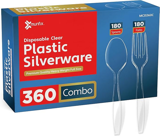 360 Count Extra Heavy Duty Clear Plastic Silverware, 180 Forks, 180 Spoons, BPA Free Disposable Cutlery Set, Premium Bulk Utensils Plasticware for Party Supplies