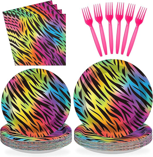 96Pcs Tiger Stripe Print Decorations Neon Rainbow Stripe Plates and Napkins Safari Tiger Print Decorations for 70s 80s 90s Vintage Birthday Safari Animal Theme Party Supplies Serves 24