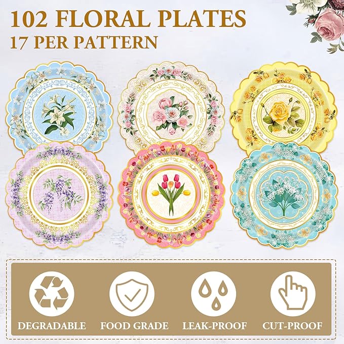 102-Pack Floral Paper Plates, Tea Party Decorations, 7 Inch Disposable Floral Plates for Tea Party, Baby Shower, Bridal Shower, Birthday, Wedding and Any Celebration