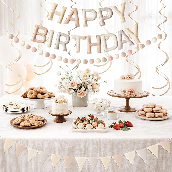 Kriyokiaa Pre-Strung Felt Happy Birthday Banner Retro Neutral Happy Birthday Party Decorations with Pom Pom Garland, Flag and Hanging Swrils for Women Men Boys Girls Party Decor