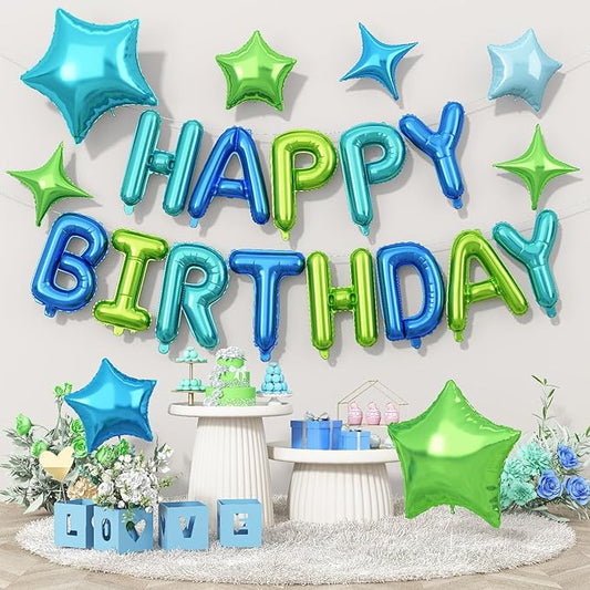 Happy Birthday Balloon Banner Blue Green, 16 Inch Mylar Foil Letter Balloons, Reusable Birthday Decorations with 8 Pcs Blue and Green Foil Balloons, Inflatable Party Supplies for Men Women Girls