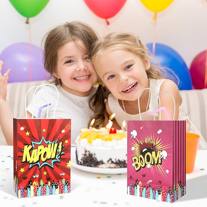20Pcs Superhero Party Favors Bags with Handles, Comic Hero Kraft Paper Bags for Kids, Goodie Bags Candy Treat Gift Bags for Boom Hero Theme Birthday Baby Shower Party Supplies