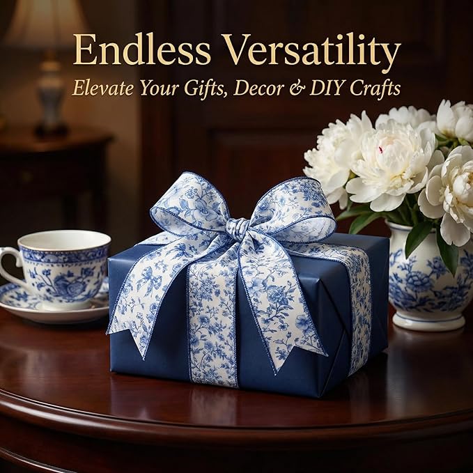 Blue Floral Wired Ribbon, Vintage Chinoiserie Fabric Craft Ribbon for Gift Wrapping, Wedding Decor, DIY Crafts, 4 Rolls, 2.5 Inch x 20 Yards (Blue)