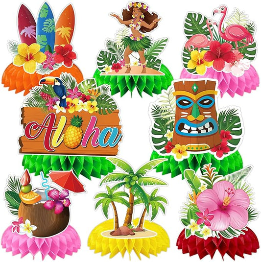 JULMELON 8PCS Hawaiian Luau Party Decorations Honeycomb Centerpieces, 3D Double Side Luau Centerpieces for Tables Tropical Hawaiian Birthday Themed Party Decorations Supplies