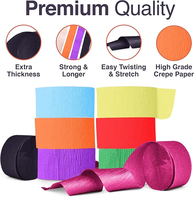 Party Crepe Paper Streamers - 8 LG Rolls, 2in x 120ft - Colorful Decorative Creped Roll for All Events Birthday, Festival, Wedding, Backdrop or Photo Booth Decoration, Flower Making | Assorted Colors