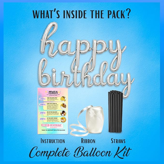 Silver Happy Birthday Balloons Banner | Script/Cursive Gold Letter Balloon Sign For Birthday Party Decor/Decoration | Foil Mylar Happy Birthday Banner