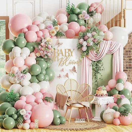 Baby in Bloom Balloon Arch Kit 139pcs Pastel Sage Green and Pink Balloon Garland for Boho Baby Shower Birthday Party Decoration