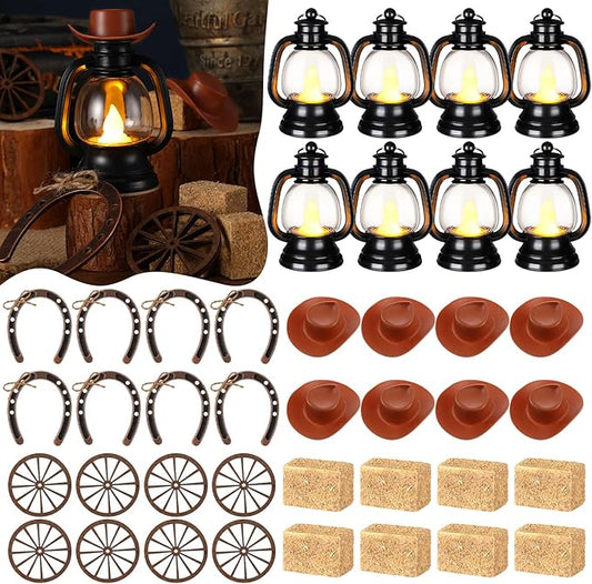 Ferraycle 60 Pcs Cowboy Theme Party Decoration Western Party Decor Rodeo Table Centerpieces Rustic Country Mini Cowboy Hat Lantern Horseshoe Wagon Wheel Hay Bales for Adult Cowgirl (Brown)