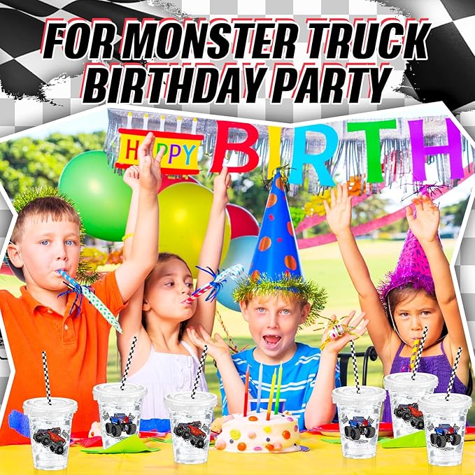 Teenyyou 50 Pcs 12 oz Disposable Plastic Cups with Straws, Lids and Leakproof Paper Clear Birthday Party Cups Supplies Birthday Table Decorations(Monster Truck,Black, White)