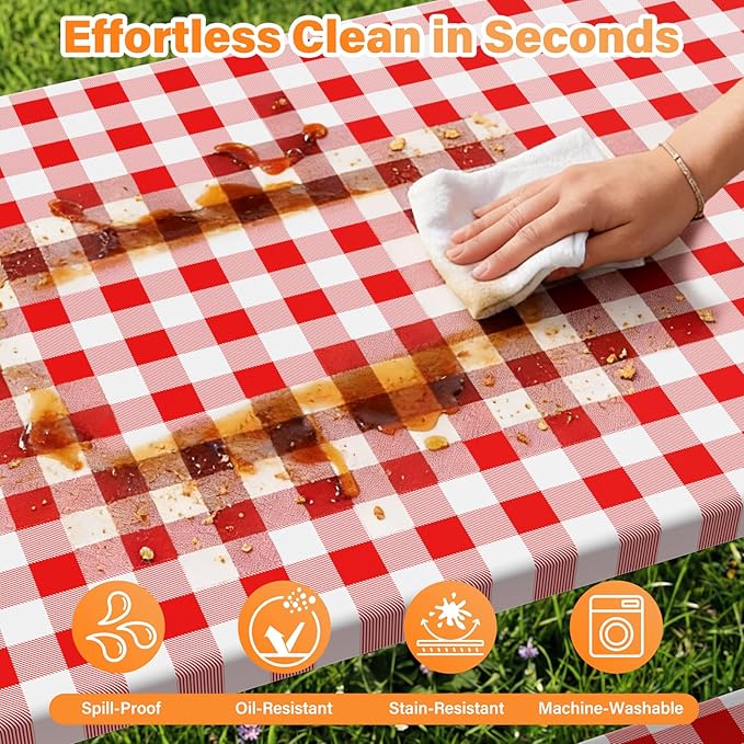 HappyTrends Fitted Picnic Table Cover with Bench Covers - 6FT Dual Layer Waterproof Camping Tablecloth with Windproof Elastic Edging & Bag, Washable RV Camping Accessories (96x30in, Red Checkered)