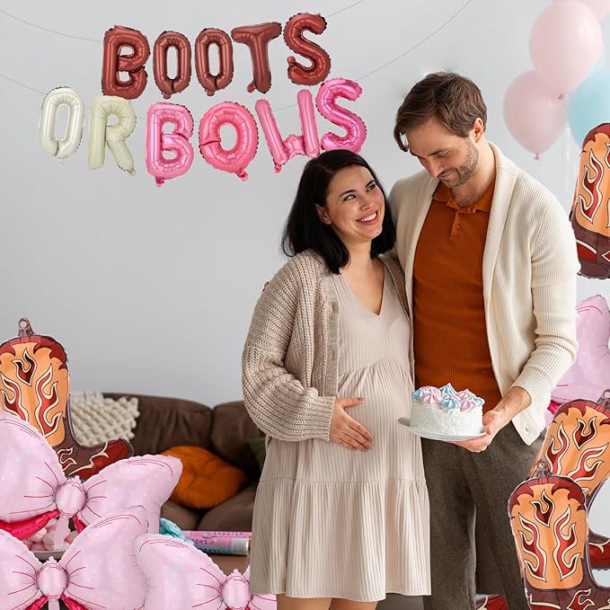 19Pcs Boots or Bows Gender Reveal Decorations Aluminum Foil Balloons Kit Cowgirl or Cowboy Western Boot Balloon Pink Bow Balloon Birthday Western Themed Party Baby Shower Gender Reveal Party Supplies
