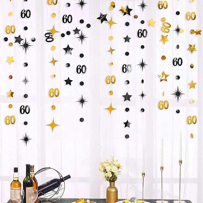 Black Gold 60th Birthday Decorations Number 60 Circle Dot Twinkle Star Garland Metallic Streamer Bunting Banner Backdrop for Mens Cheers to 60 Year Old Happy 60th Birthday Anniversary Party Supplies