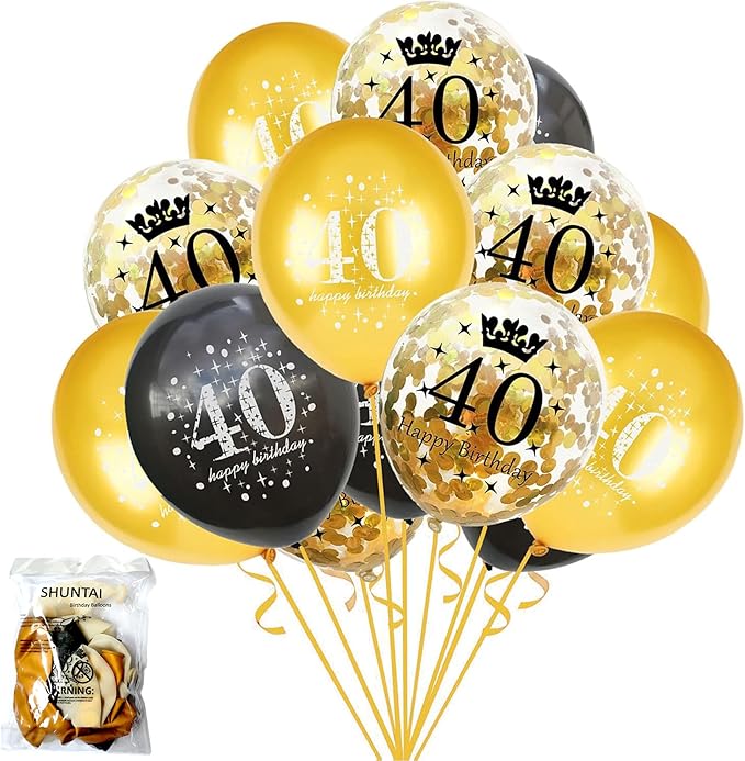 SHUNTAI 40th Birthday Balloons Black and Gold 40 Birthday Decorations for Men Women Latex Confetti Balloon 40 Years Old Theme Birthday Party Supplies 15 Pack 12 Inch(40 balloons for birthday party)