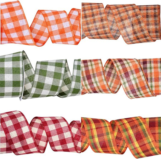 Meseey 2.5 Inch Fall Plaid Wired Ribbon Set, 6 Rolls Total 30 Yards Buffalo Check & Plaid Wired Edge Ribbon for Big Bows, Wreaths, Gift Wrapping, Thanksgiving & Halloween Decor(FPRS002)