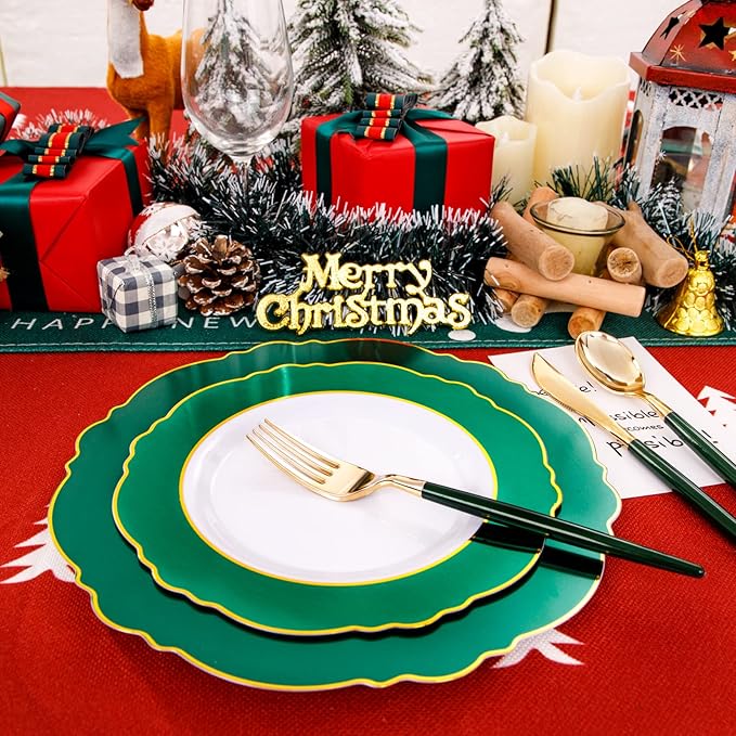 WDF 30Guest Green Plates Disposable - Gold Plastic Silverware With Green Handle - Baroque Green &Gold Plastic Dinnerware for Wedding/Birthday/Party