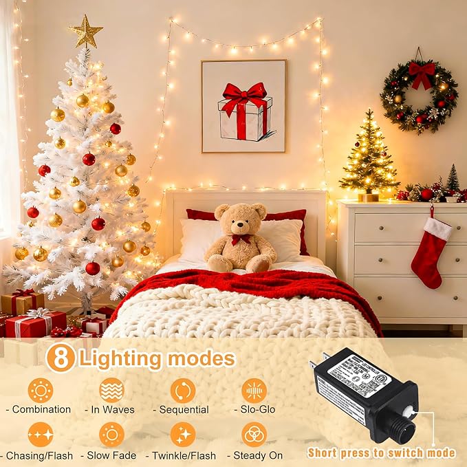 100FT 300 LED Christmas Lights Outdoor, Plug in String Lights Indoor Waterproof, Connectable 8 Modes Fairy Twinkle Lights for Outside Bedroom Classroom Wedding Backyard Decorations, Warm White