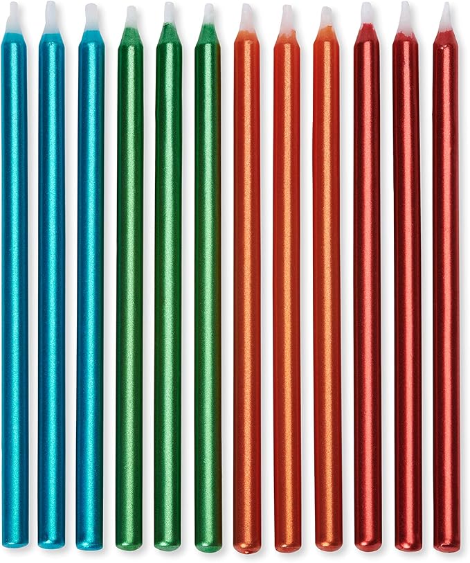 Papyrus Birthday Candles, Metallic Blue, Green, Orange and Red (12-Count)