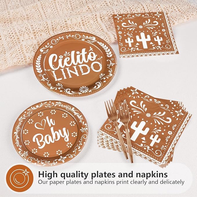 96Pcs Brown Cielito Lindo Party Decorations Mexican Fiesta Plates and Napkins Cielito Lindo Baby Shower Tableware Set for Cinco De Mayo Baby Shower Mexican Talavera Birthday Party Supplies, Serves 24