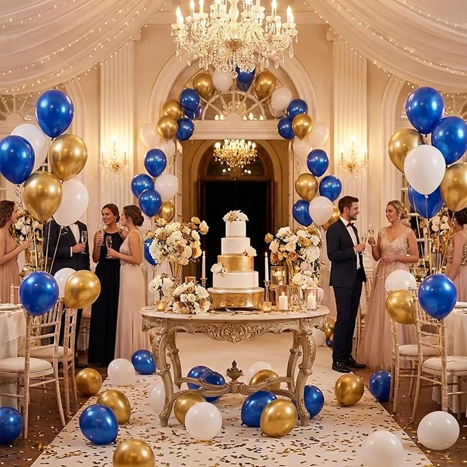 Hiquaty Blue and Gold Balloons,60pcs Royal Blue Balloons,12 Inch Blue and White Balloons with Blue Ribbon for New Year Party Wedding Bridal Shower Decorations