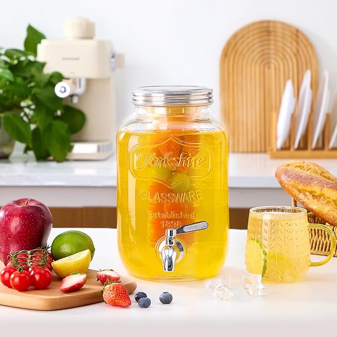 1 Gallon Glass Beverage Dispenser, Drink Dispenser With Fruit Infuser, Stainless Steel Spigot - Drink Dispensers for Parties, BBQ,Picnic,Weddings
