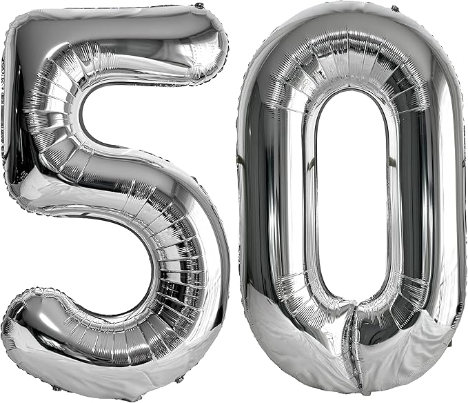 FIROMI 50 Number Balloons Silver Big Giant Jumbo Huge Foil Mylar 50 Balloon Numbers for 50th Birthday Party Anniversary Events Decorations 40-inches