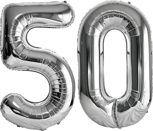 FIROMI 50 Number Balloons Silver Big Giant Jumbo Huge Foil Mylar 50 Balloon Numbers for 50th Birthday Party Anniversary Events Decorations 40-inches