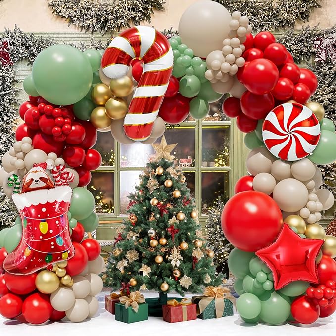 Christmas Balloon Arch Garland Kit 159pcs Red Sage Green Gold Balloons With Candy Cane Swirl Christmas Stocking Foil Balloons Friendsmas Santa Ugly Sweater Party Decorations