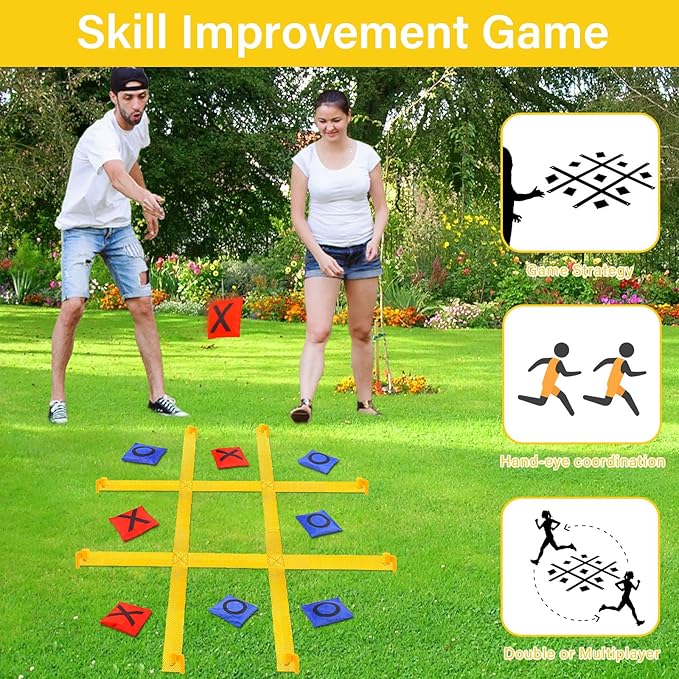 Giant Tic Tac Toe Outdoor Games for Kids Adults Family, Portable Tic Tac Toe Bean Bag Toss with 10pcs Bean Bag, Large Outdoor Lawn Backyard Games Carnival Field Day Game