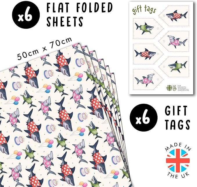 CENTRAL 23 Shark Wrapping Paper - 6 Sheets of White Gift Wrap with Sharks, Balloons, and Cakes - Birthday Wrapping Paper for Kids, Men, Women - Christmas Holiday Events Baby Shower