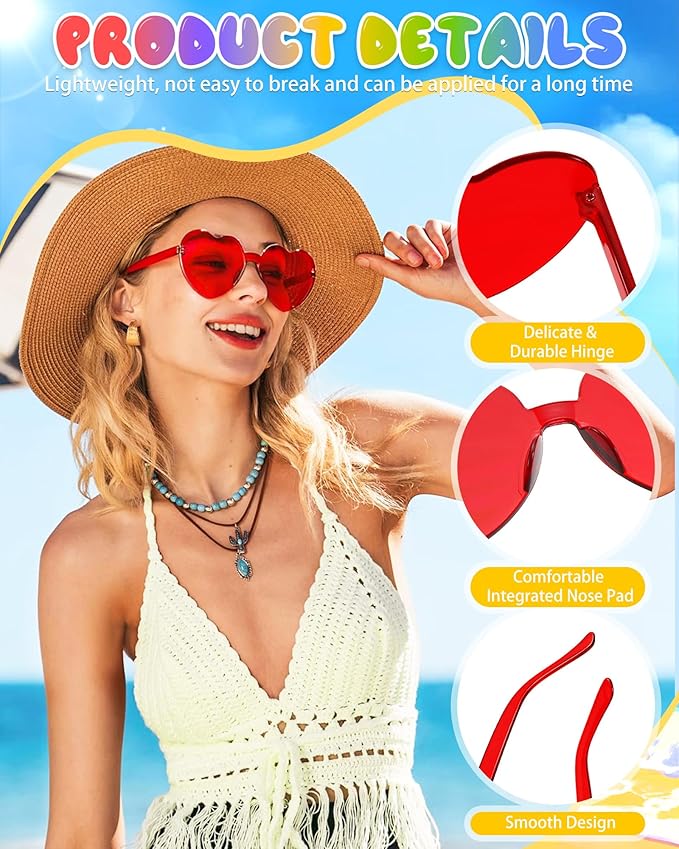 12 Pairs Heart Shaped Sunglasses Candy Color Rimless Fun Heart Glasses for Women Party Favors