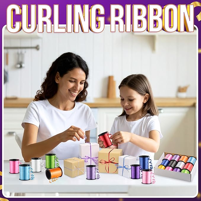 12-Rolls Curling Ribbon for Gift Wrapping - 3/16in x 125 Feet Per Roll - Curling Balloon String Ribbon Set for Presents, Bows, DIY Arts & Crafts, Wedding, Happy Birthday Decorations, Assorted Colors
