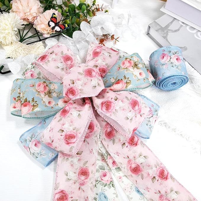 Spring Summer Watercolor Vintage Floral Wired Edge Ribbon, Pink Rose Summer Fabric Ribbon for Wreath, Bow Making, Gift Wrapping & DIY Crafts, 4 Rolls, 20 Yards (Blue-Pink)
