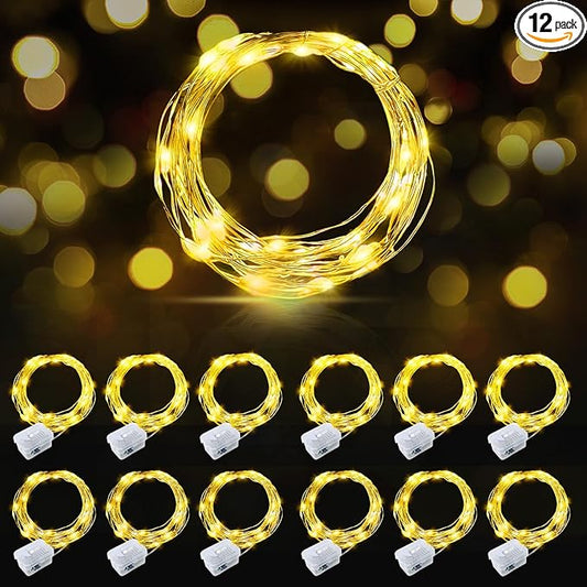 AIKEI 12 Pack Led Fairy Lights Battery Operated String Lights Waterproof Silver Wire 7 Feet 20 Led Firefly Starry Moon Lights for DIY Wedding Party Bedroom Patio Christmas Warm White