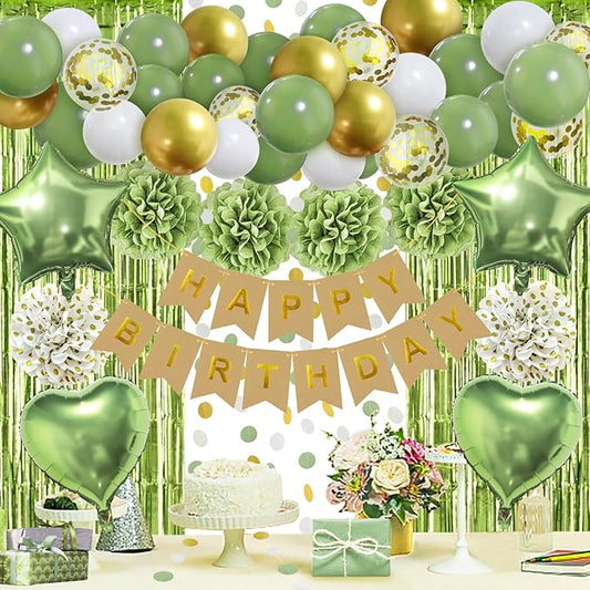 ZERODECO Sage Green Birthday Party Decorations, Olive Green Gold Pompoms Balloons Happy Birthday Banner Neutral Rustic Boho Blush Safari Botanical Greenery Décor for Baby Girls Women Party