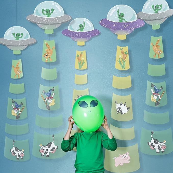Cheerland Space Party Decorations UFO Garland Alien Birthday Party Decorations Backdrop Sci Fi Space Ceiling Streamers Room Hanging Wall Multicolored Streamers Themed Kids Bedroom Decor Supplies 6 Pcs