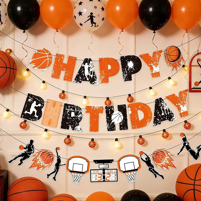 SUNBEAUTY Basketball Happy Birthday Banner Basket Ball Themed Party Decorations Sports Birthday Banner Basketball Party Supplies Slam Dunk Garland Birthday Sign for Kids Teenagers Boys Men