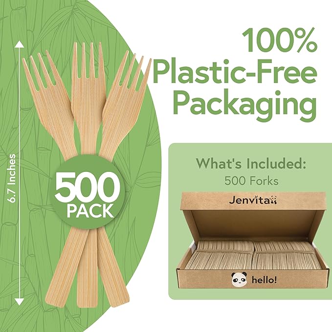100% Bamboo Forks Set - Eco Friendly Disposable Cutlery (500 Compostable Forks) | Disposable or Reusable Bamboo Utensils | Compostable FSC Certified Silverware for Weddings, Camping, Parties