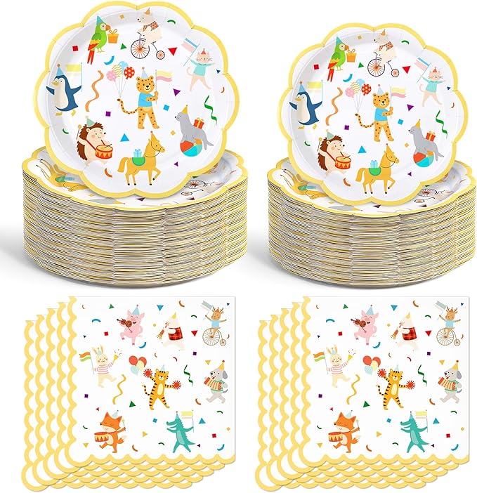 Yungyan 60 Pcs Animal Parade Party Plates Set Including 9 Inch and 7 Inch Disposable Paper Plates with Cute Disposable Napkin for Birthday Baby Shower Party Zoo Theme Fun to Be One Birthday Decoration