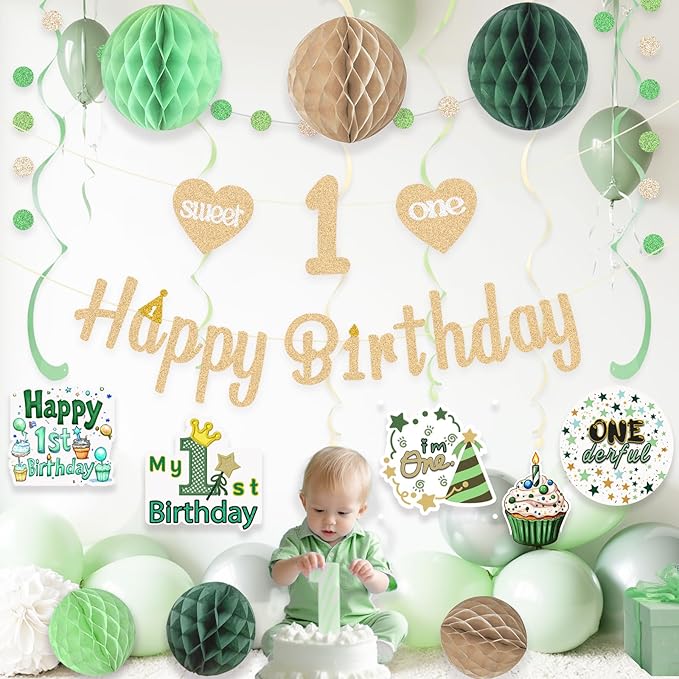 First Birthday Decorations for Boy, Pre-Strung Sweet One and Happy Birthday Banner with Honeycomb Balls, Hanging Swirls, Circle Dots Garland for 1st Birthdays Decorations Boy Girl 21pcs