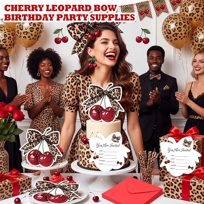 Marspark 25 Set Cherry Cheetah Print Birthday Invitation Paper Card with Envelopes and Leopard Stickers Wedding Birthday Bachelorette Invitation Party Supplies for Girls Dinner Favors, 5 x 6 Inch