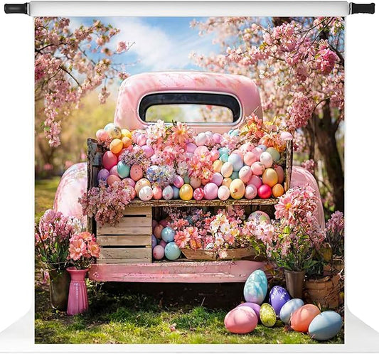 Kate Fabric Spring Easter Photo Backdrop Easter Truck Colorful Egg Flowers Photography Background Birthday Party Decoration Banner, 10x10ft