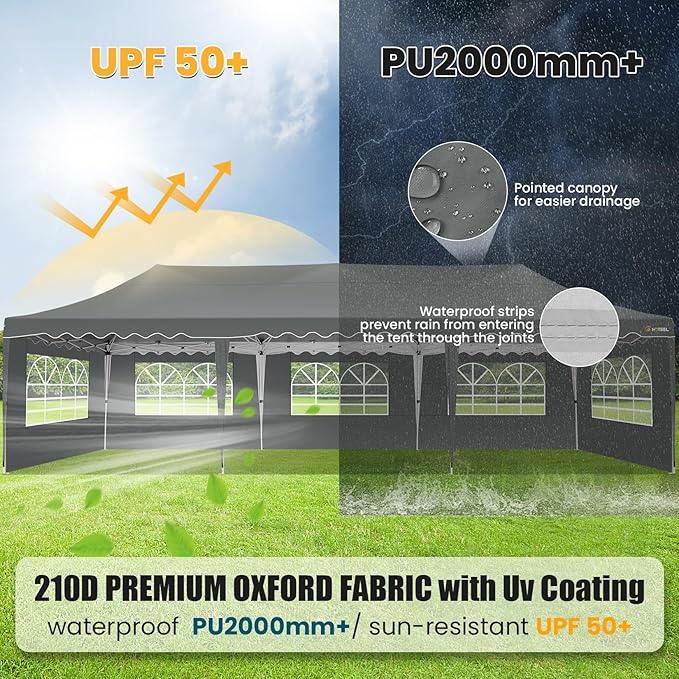 HOTEEL 10x30 Pop Up Canopy with 8 Sidewalls, UV 50+ and Waterproof 10×30 Party Tent, Thickened Frame, Large Space Easy Pop Up Canopy, Outdoor Canopy for Weddings, Beaches, Parties, Patio (Grey)