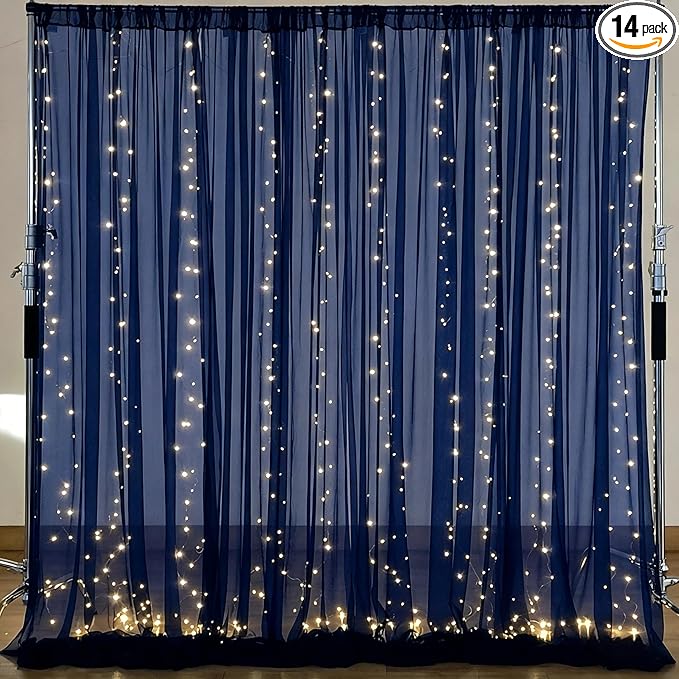10×10ft Navy Blue Tulle Backdrop Curtain with Lights String for Parties, Sheer Photo Backdrop Curtains for Wedding Party Photography Background