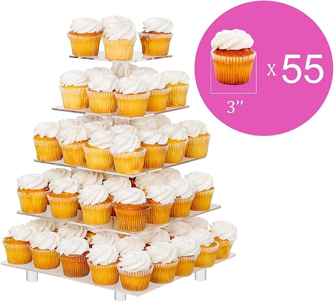 Jusalpha 5 Tier Square Cupcake Stand - Premium Cupcake Holder - Acrylic Cupcake Tower - Ideal for Weddings Birthday Parties, Candy Bar Decor 5SF-S (LED Light Option: Battery)…