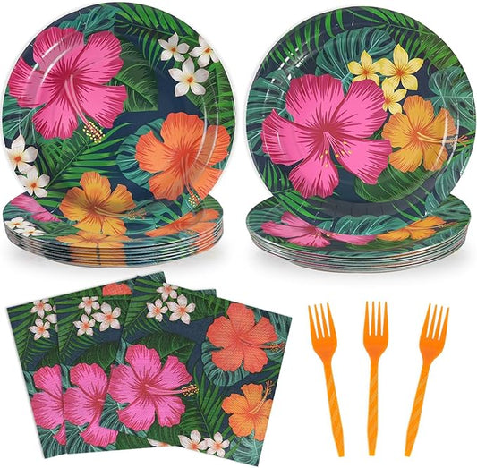 OuMuaMua 72 Pcs Tropical Hawaiian Aloha Party Supplies, 9 Inch luau Party Paper Plates with Party Napkins and Disposable Plastic Forks for BBQs, Summer Party, Dinner, Wedding, Birthday, Picnic (Blue)