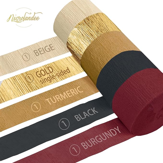 NICROLANDEE 5 Rolls Burgundy Gold Black Crepe Paper Streamers for Magical Wizard School Party Decorations, Casino Theme Party Decorations for Graduation, Retirement, New Year, Milestone Birthday